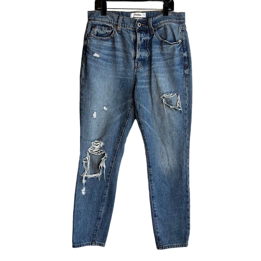 PISTOLA size 27 Boyfriend Jeans Button Fly Distressed Light Wash Tapered Relaxed